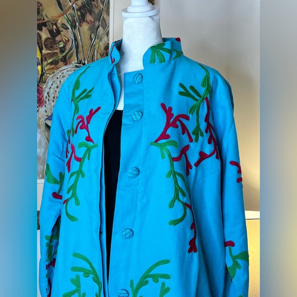 Gretchen Scott Twill Twig Jacket Turquoise Embroidered Button Front Medium - Picture 2 of 13
